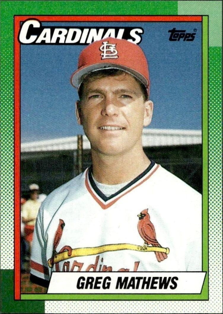 Greg Mathews 1990 Topps #209 Baseball Trading Card - Front 1990 Topps Greg Mathews #209 baseball trading card front
