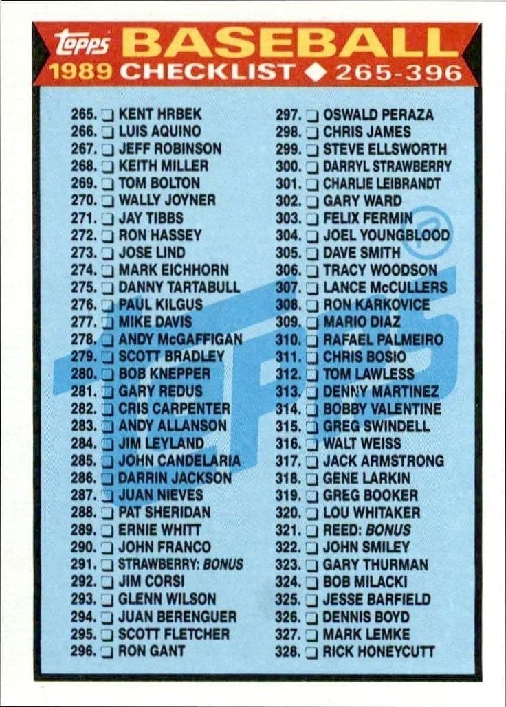 1989 Topps Checklist #378 trading card
