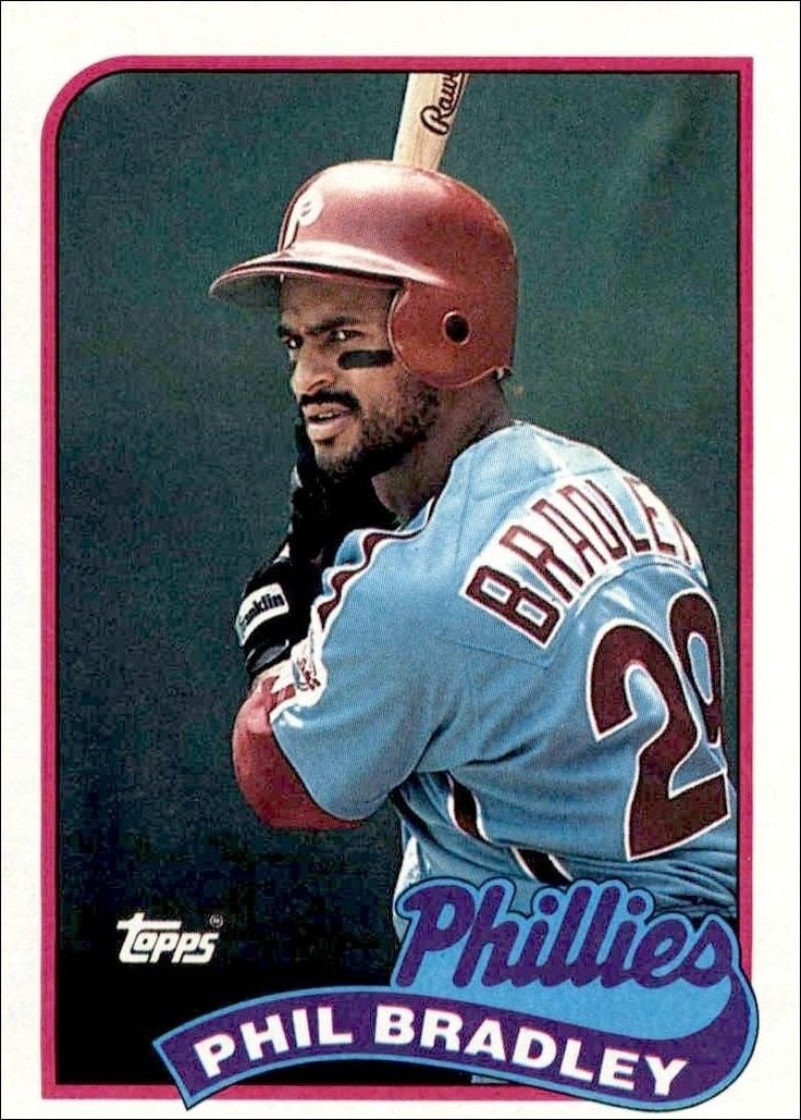 Phil Bradley 1989 Topps #608 Baseball Trading Card - Front 1989 Topps Phil Bradley #608 baseball trading card front