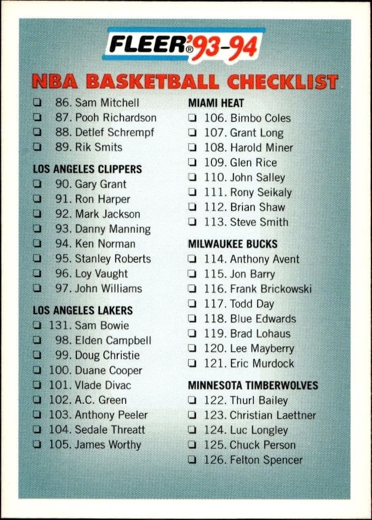 1993-94 Fleer Checklist #239 trading card