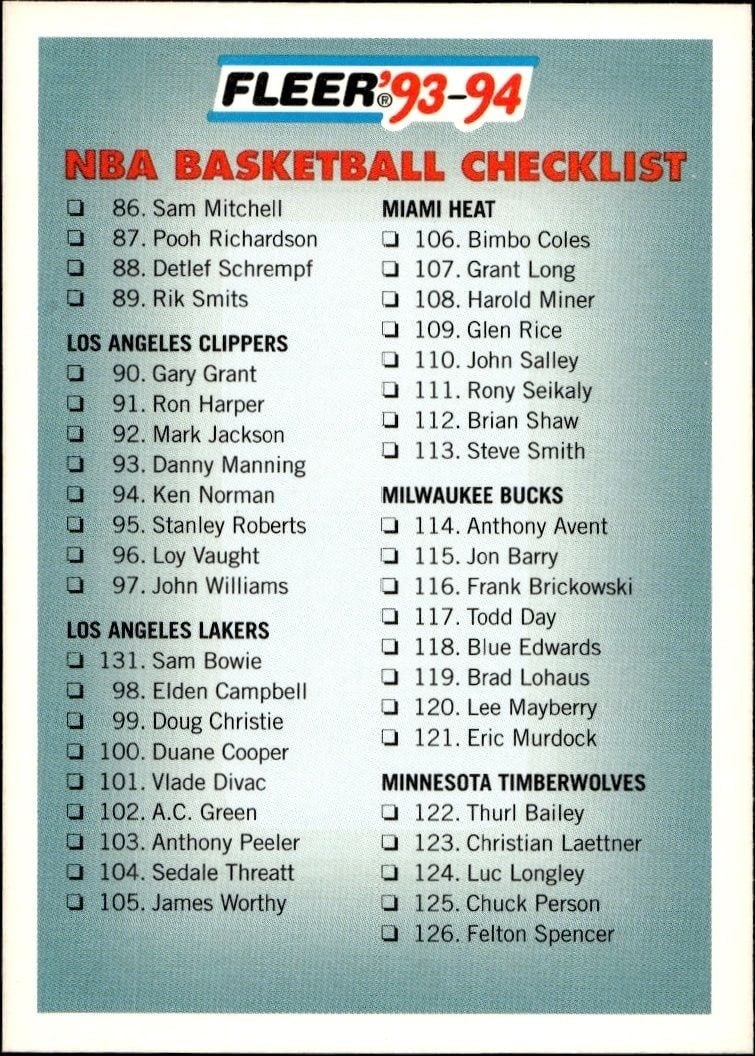 Checklist 1993-94 Fleer #239 Basketball Trading Card - Front 1993-94 Fleer Checklist #239 basketball trading card front