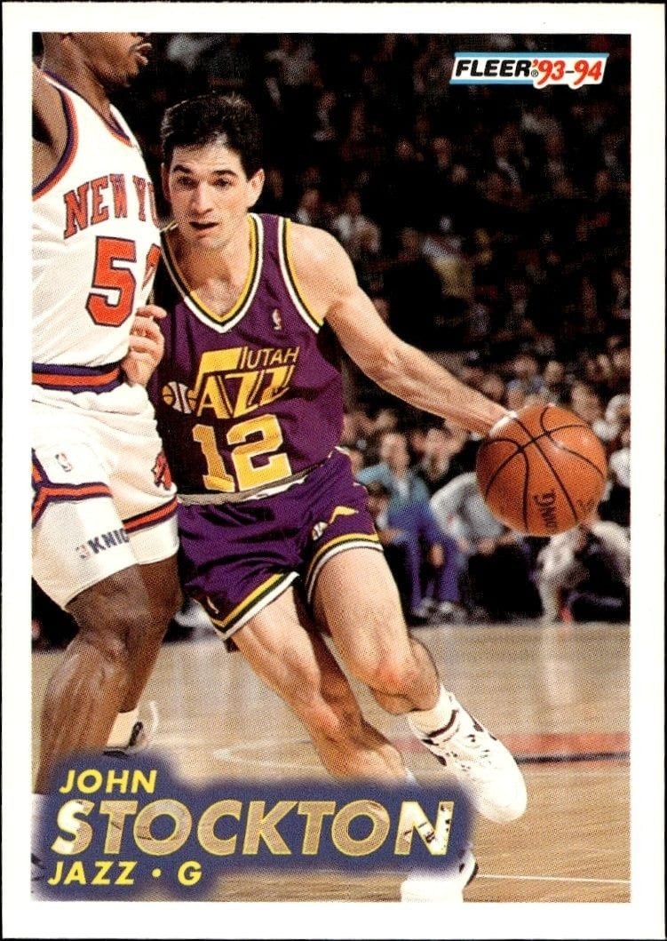 John Stockton 1993-94 Fleer #212 Basketball Trading Card - Front 1993-94 Fleer John Stockton #212 basketball trading card front