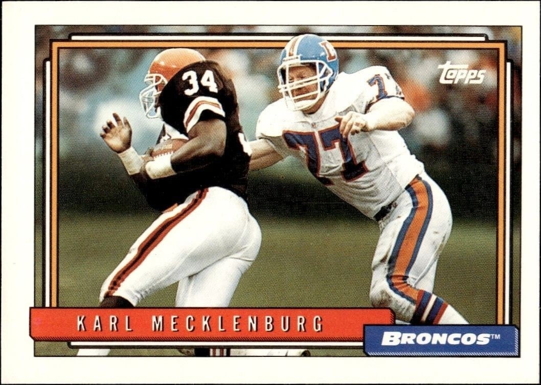 Karl Mecklenburg 1992 Topps #40 Football Trading Card - Front 1992 Topps Karl Mecklenburg #40 football trading card front