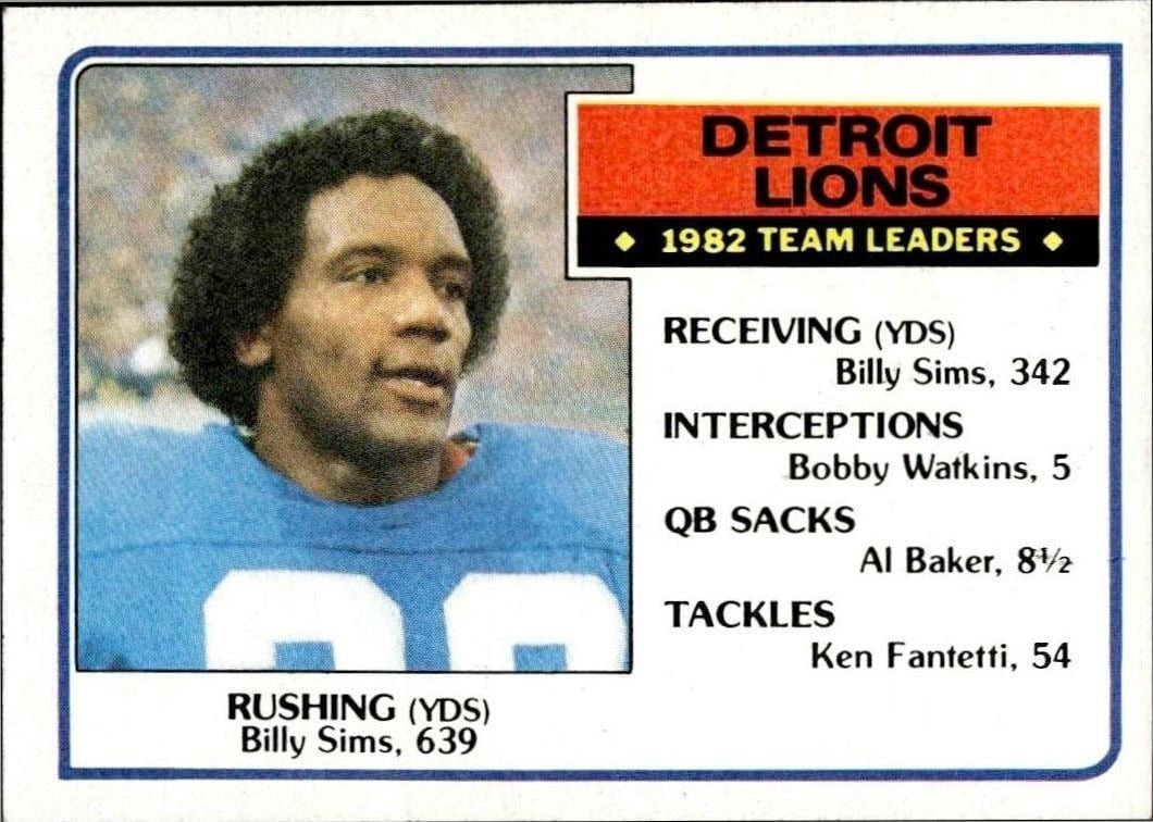 Billy Sims 1983 Topps #58 Football Trading Card - Front 1983 Topps Billy Sims #58 football trading card front