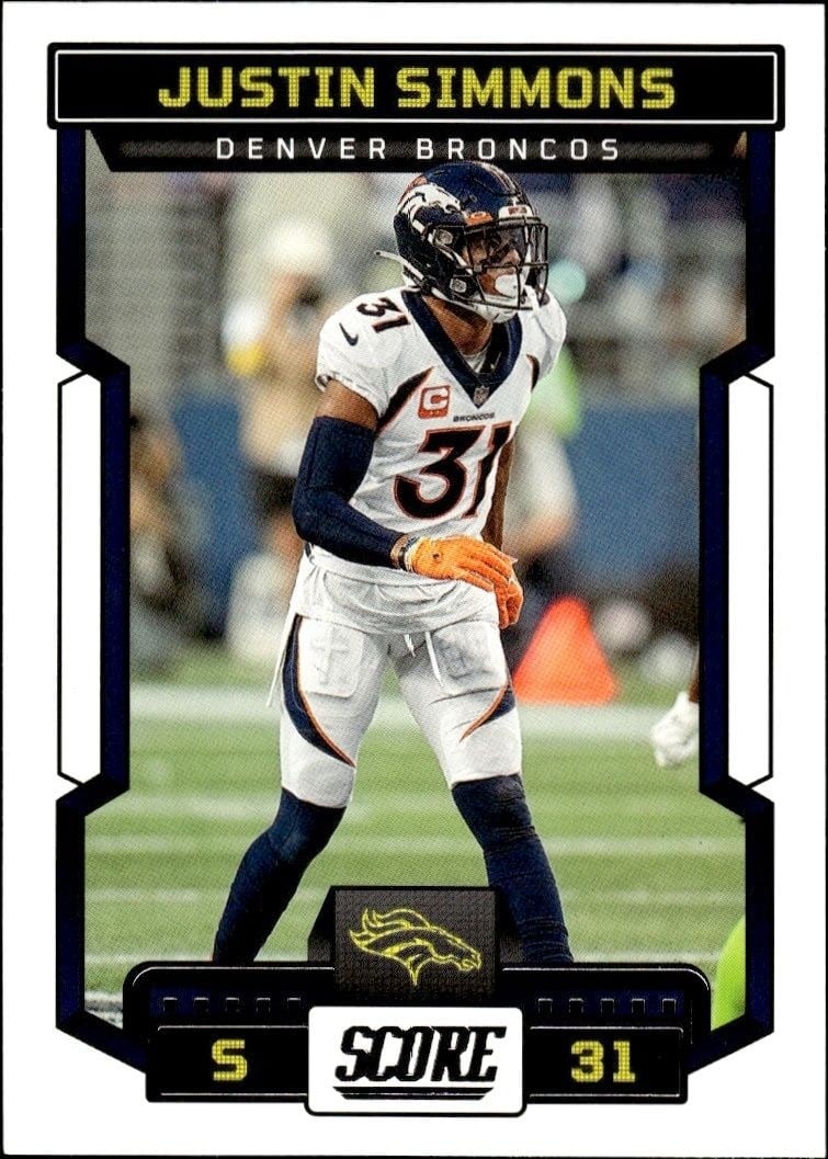 Justin Simmons 2023 Panini Score #75 Football Trading Card - Front 2023 Panini Score Justin Simmons #75 football trading card front