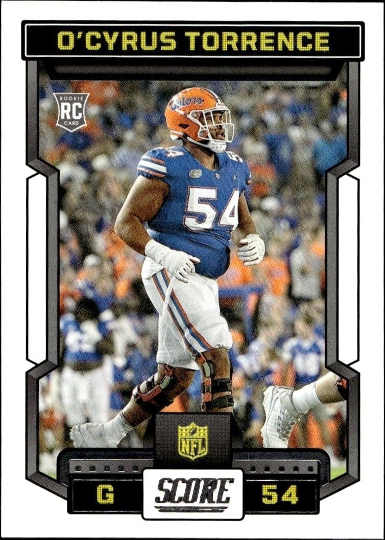 O'Cyrus Torrence 2023 Panini Score #398 Football Trading Card - Front 2023 Panini Score O'Cyrus Torrence #398 football trading card front