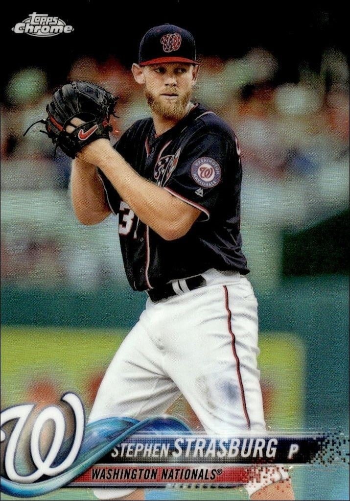 Stephen Strasburg 2018 Topps Chrome #185 Baseball Trading Card - Front 2018 Topps Chrome Stephen Strasburg #185 baseball trading card front