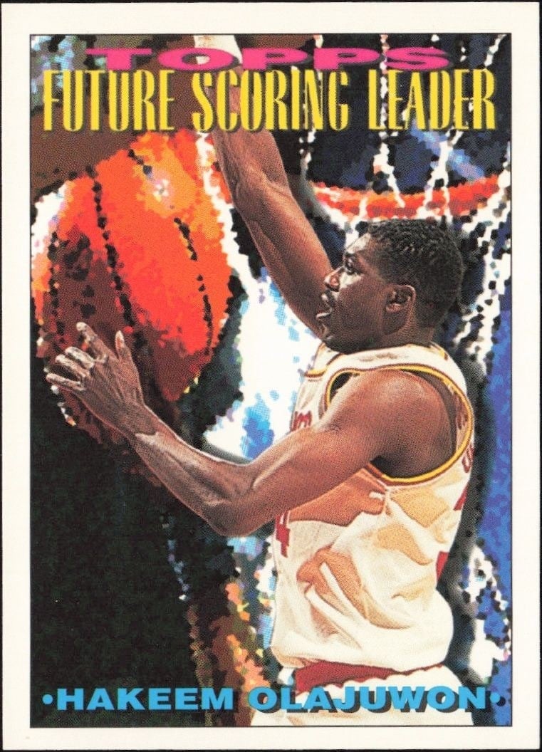 Hakeem Olajuwon 1993-94 Topps #385 Basketball Trading Card - Front 1993-94 Topps Hakeem Olajuwon #385 basketball trading card front