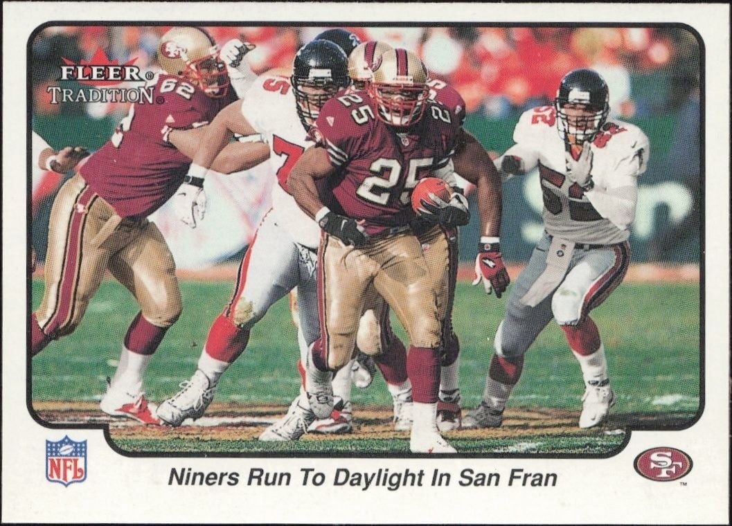 Niners Run To Daylight In San Fran 2000 Fleer Tradition Glossy #392 Football Trading Card - Front 2000 Fleer Tradition Glossy Niners Run To Daylight In San Fran #392 football trading card front