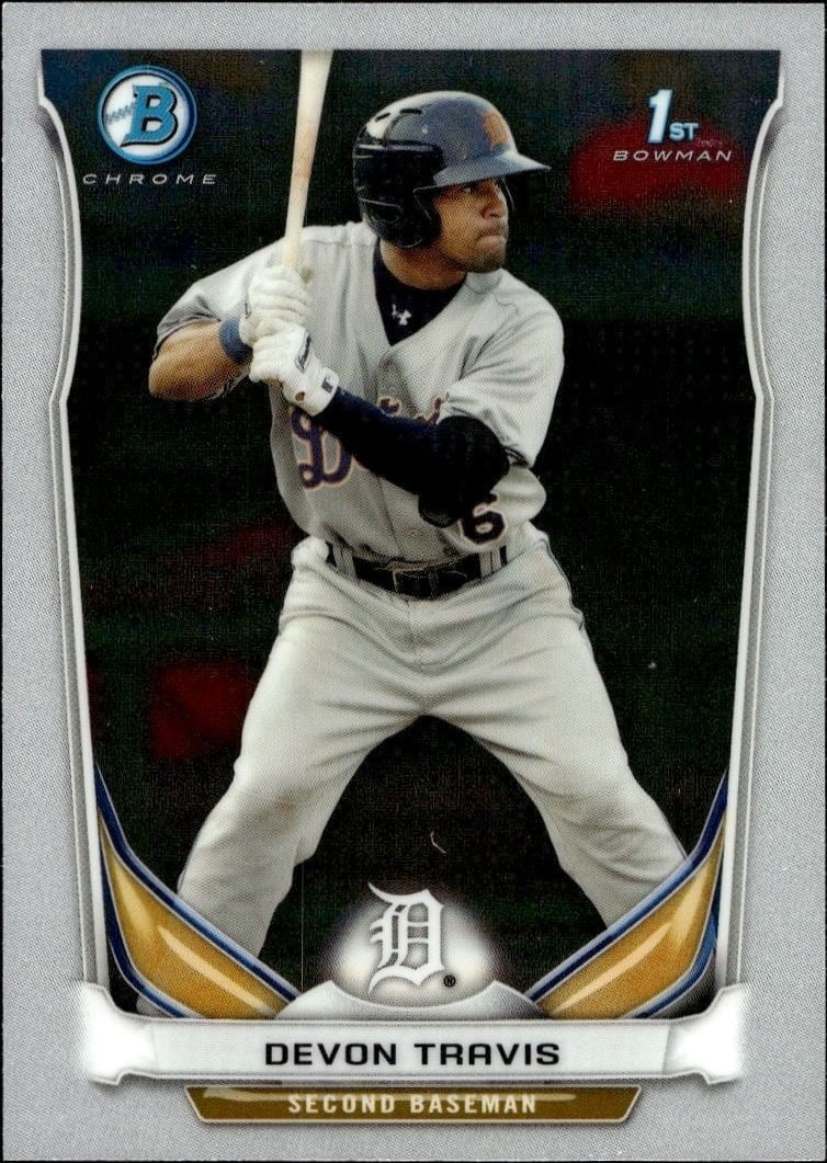 Devon Travis 2014 Bowman Chrome #BCP33 Baseball Trading Card - Front 2014 Bowman Chrome Devon Travis #BCP33 baseball trading card front