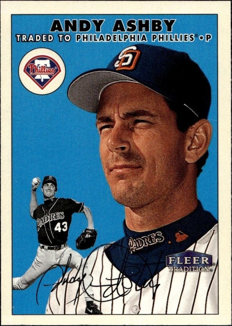Andy Ashby 2000 Fleer Tradition Glossy #302 Baseball Trading Card - Front 2000 Fleer Tradition Glossy Andy Ashby #302 baseball trading card front