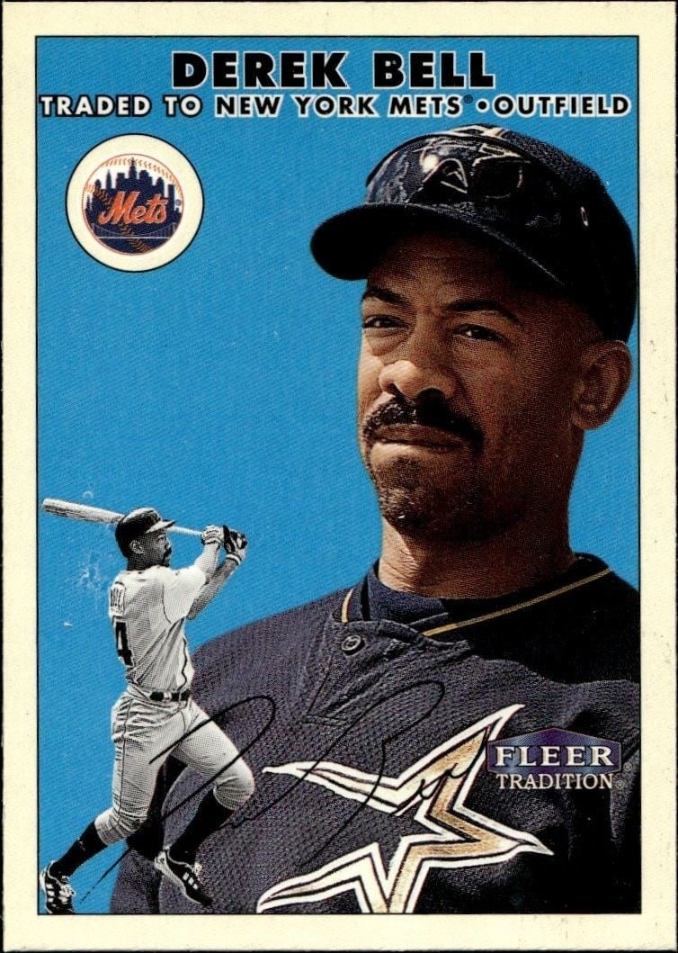 Derek Bell 2000 Fleer Tradition Glossy #36 Baseball Trading Card - Front 2000 Fleer Tradition Glossy Derek Bell #36 baseball trading card front