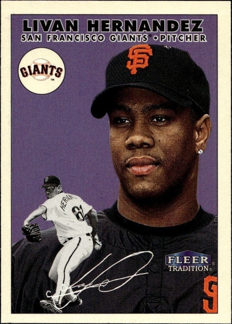 Livan Hernandez 2000 Fleer Tradition Glossy #428 Baseball Trading Card - Front 2000 Fleer Tradition Glossy Livan Hernandez #428 baseball trading card front
