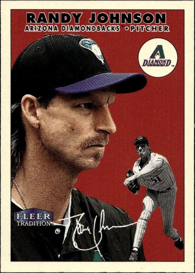 Randy Johnson 2000 Fleer Tradition Glossy #56 Baseball Trading Card - Front 2000 Fleer Tradition Glossy Randy Johnson #56 baseball trading card front