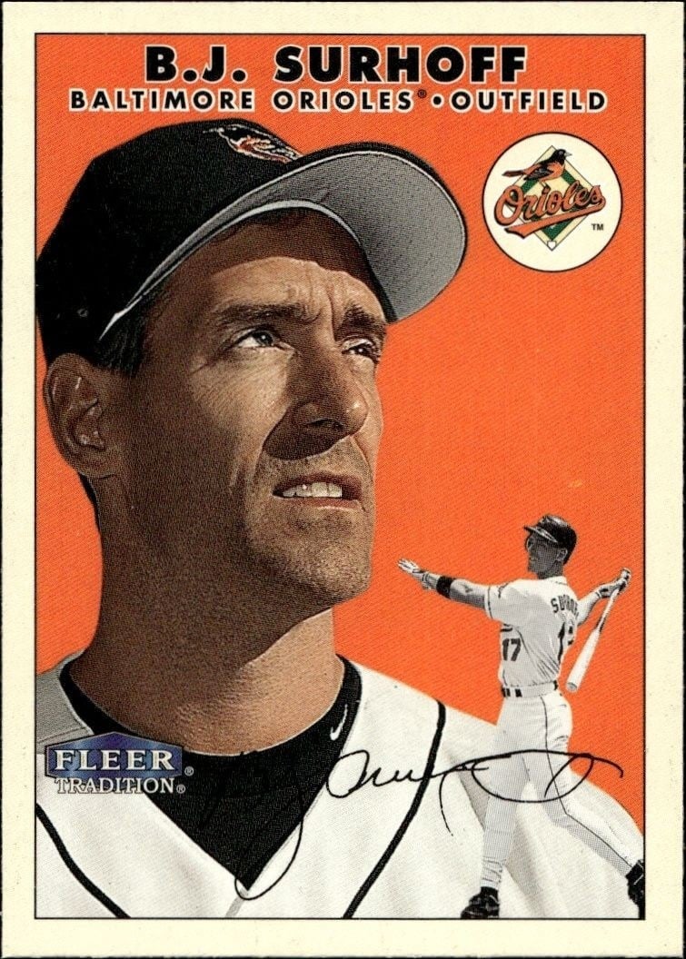 B.J. Surhoff 2000 Fleer Tradition Glossy #42 Baseball Trading Card - Front 2000 Fleer Tradition Glossy B.J. Surhoff #42 baseball trading card front
