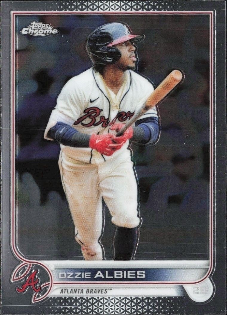 Ozzie Albies 2022 Topps Chrome #205 Baseball Trading Card - Front 2022 Topps Chrome Ozzie Albies #205 baseball trading card front