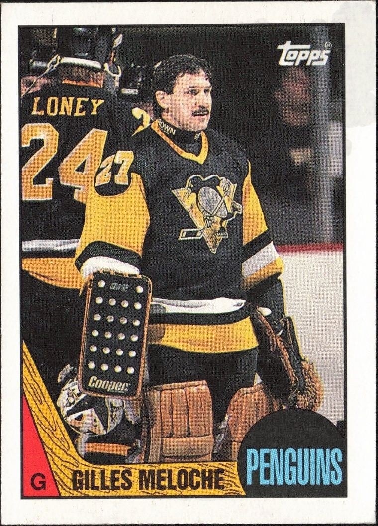 Gilles Meloche 1987-88 Topps #107 Hockey Trading Card - Front 1987-88 Topps Gilles Meloche #107 hockey trading card front