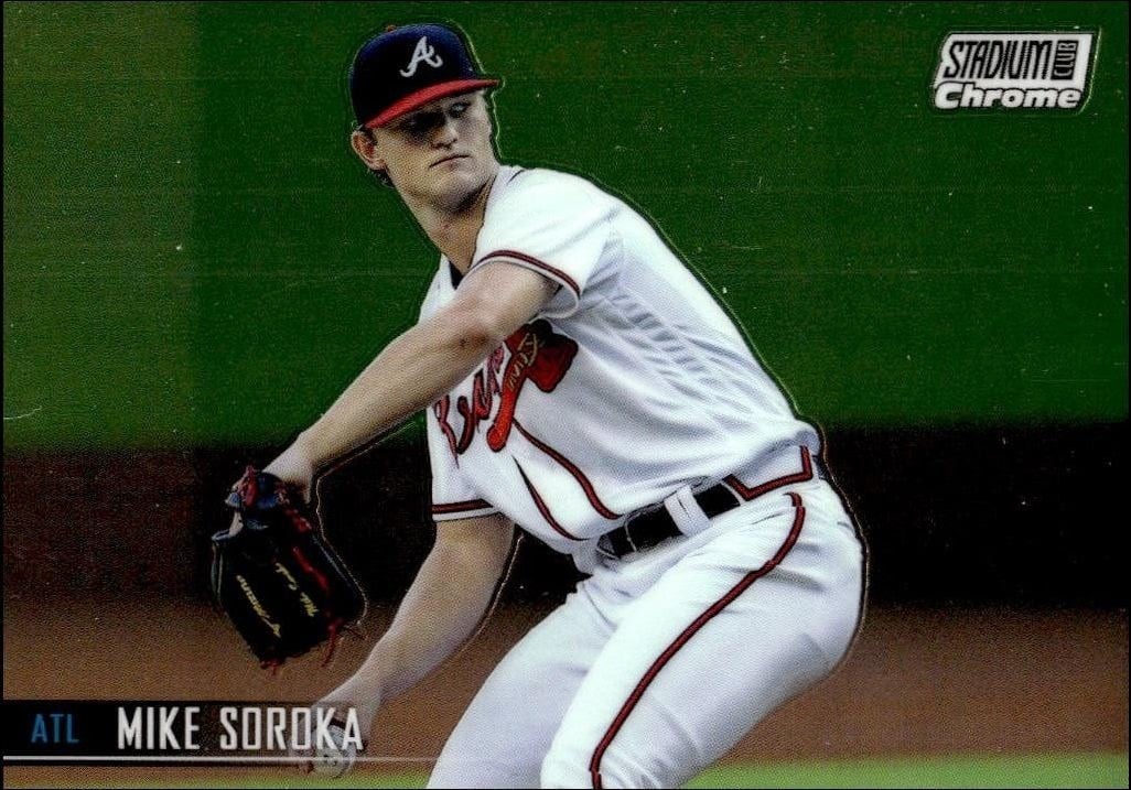 Mike Soroka 2021 Topps Stadium Club Chrome #73 Baseball Trading Card - Front 2021 Topps Stadium Club Chrome Mike Soroka #73 baseball trading card front