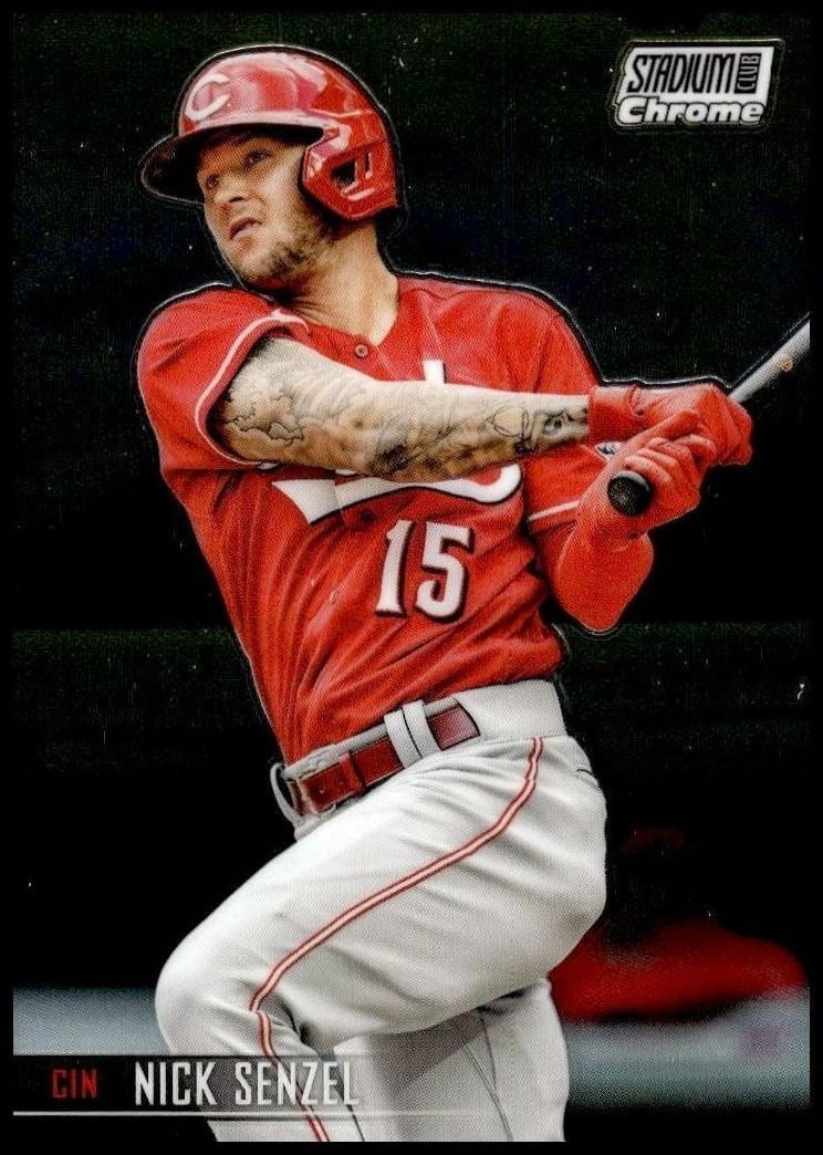 Nick Senzel 2021 Topps Stadium Club Chrome #105 Baseball Trading Card - Front 2021 Topps Stadium Club Chrome Nick Senzel #105 baseball trading card front