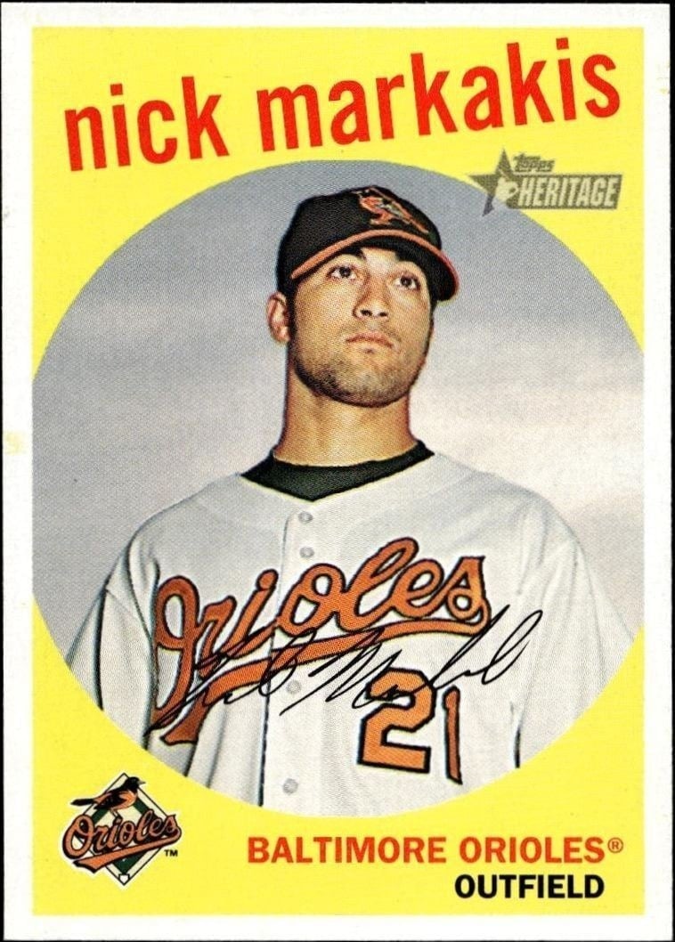 Nick Markakis 2008 Topps Heritage #170 Baseball Trading Card - Front 2008 Topps Heritage Nick Markakis #170 baseball trading card front