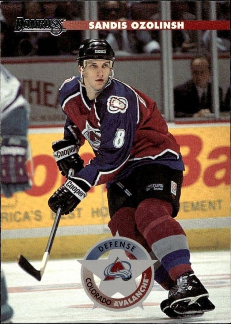 Sandis Ozolinsh 1996-97 Donruss #104 Hockey Trading Card - Front 1996-97 Donruss Sandis Ozolinsh #104 hockey trading card front