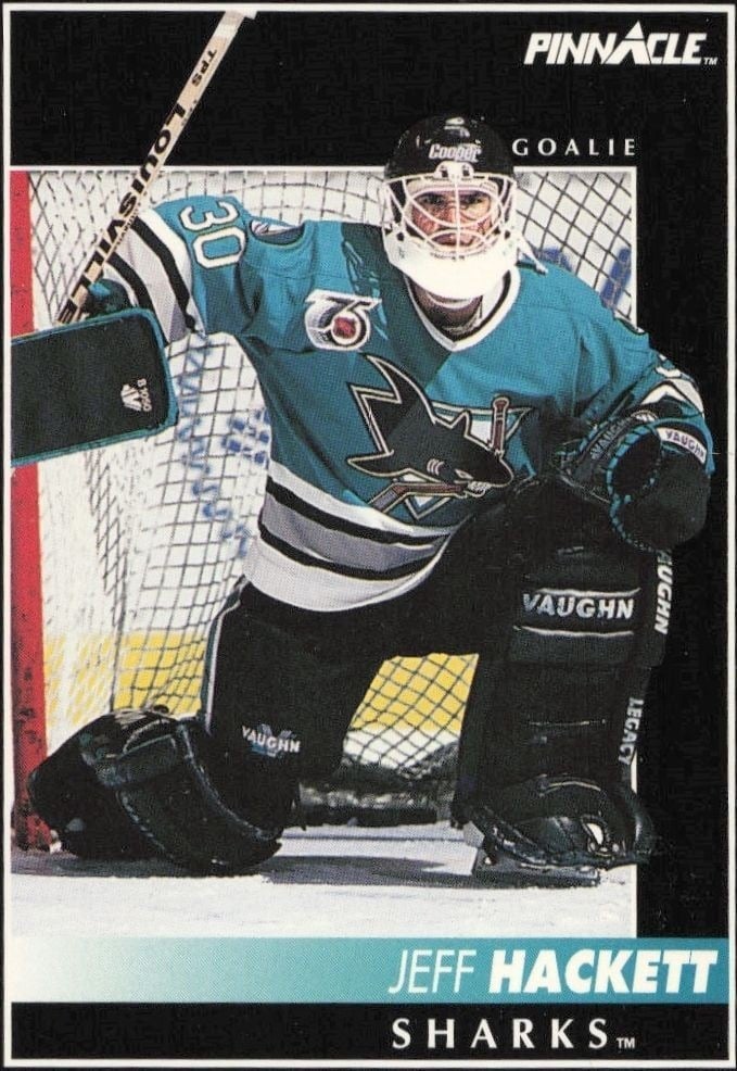 Jeff Hackett 1992-93 Pinnacle #105 Hockey Trading Card - Front 1992-93 Pinnacle Jeff Hackett #105 hockey trading card front