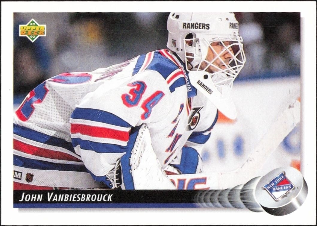 John Vanbiesbrouck 1992-93 Upper Deck #44 Hockey Trading Card - Front 1992-93 Upper Deck John Vanbiesbrouck #44 hockey trading card front