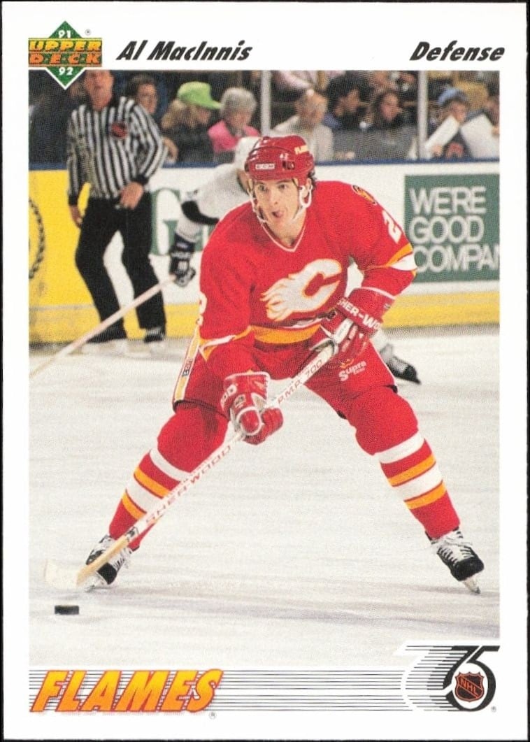 Al MacInnis 1991-92 Upper Deck #243 Hockey Trading Card - Front 1991-92 Upper Deck Al MacInnis #243 hockey trading card front
