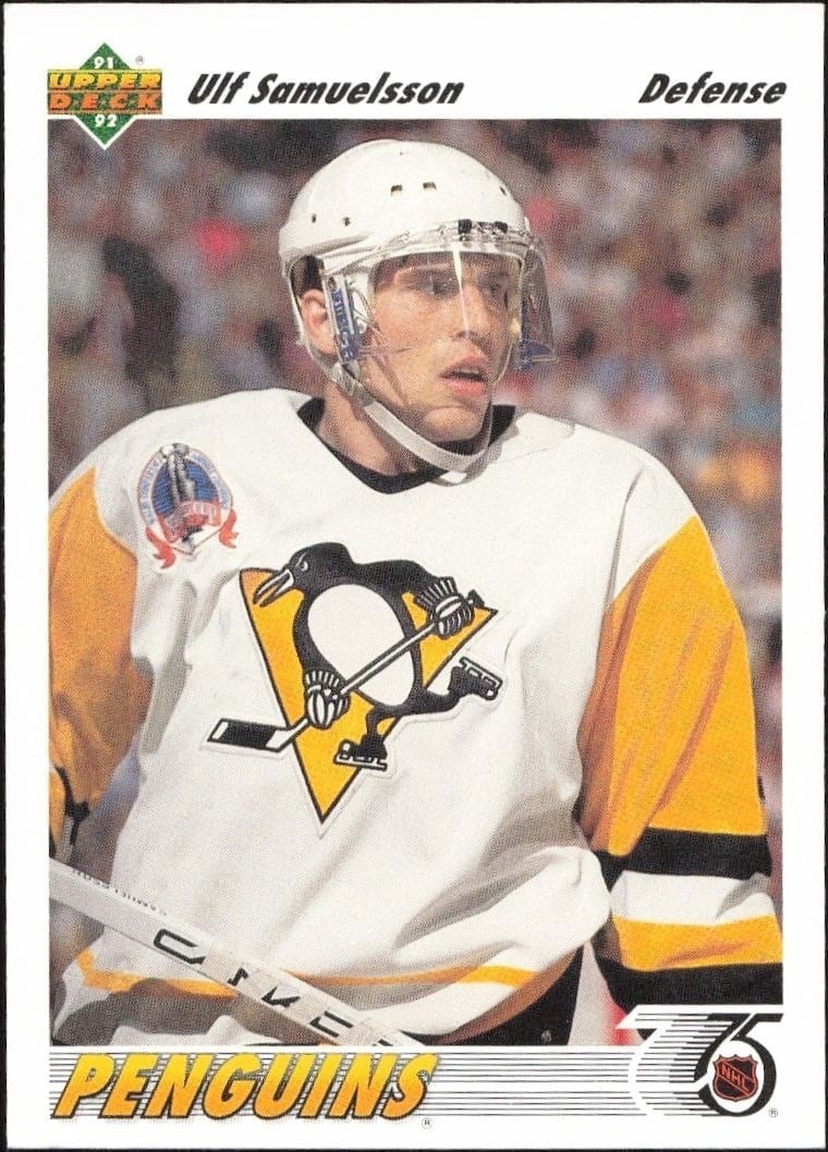 Ulf Samuelsson 1991-92 Upper Deck #230 Hockey Trading Card - Front 1991-92 Upper Deck Ulf Samuelsson #230 hockey trading card front