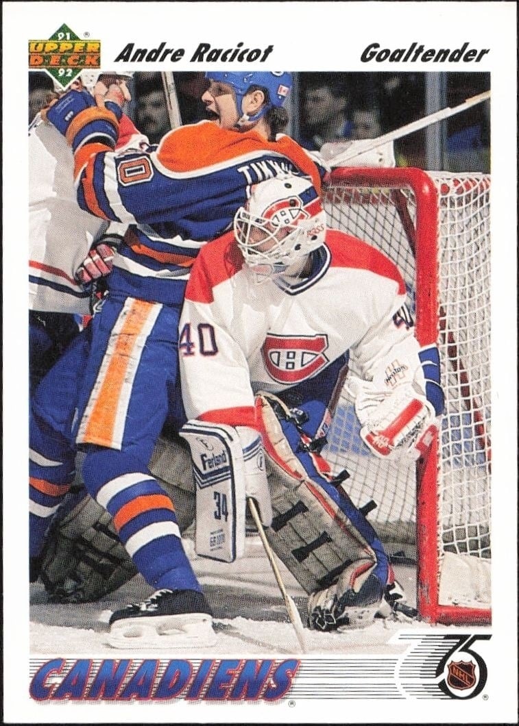 Andre Racicot 1991-92 Upper Deck #377 Hockey Trading Card - Front 1991-92 Upper Deck Andre Racicot #377 hockey trading card front