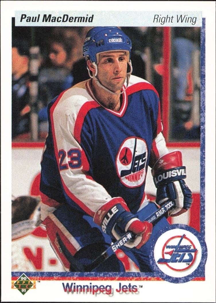 Paul MacDermid 1990-91 Upper Deck #218 Hockey Trading Card - Front 1990-91 Upper Deck Paul MacDermid #218 hockey trading card front