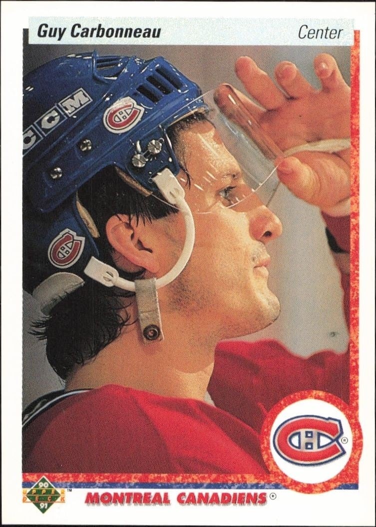 Guy Carbonneau 1990-91 Upper Deck #188 Hockey Trading Card - Front 1990-91 Upper Deck Guy Carbonneau #188 hockey trading card front