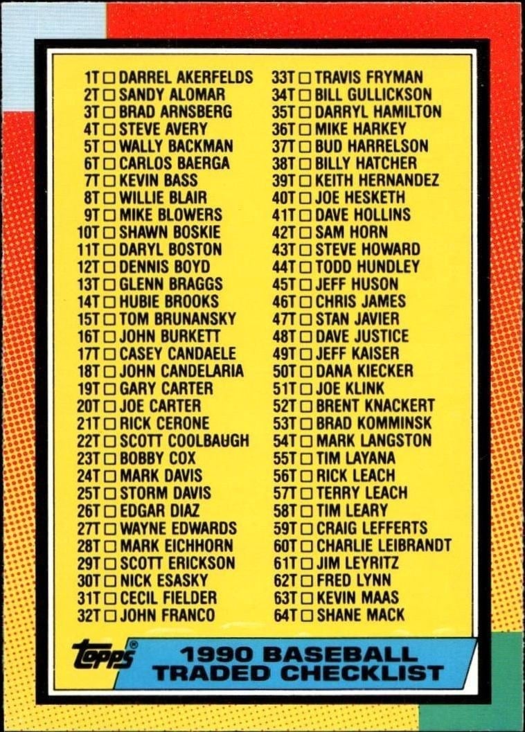 Checklist 1990 Topps Traded #132T Baseball Trading Card - Front 1990 Topps Traded Checklist #132T baseball trading card front