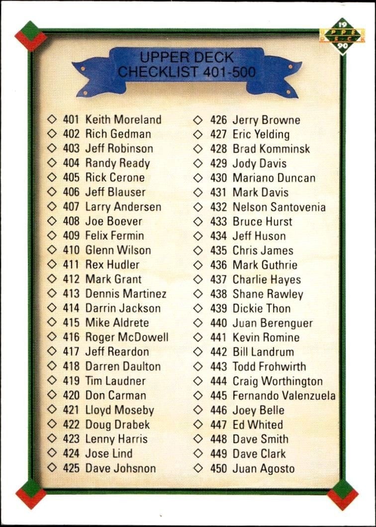 Checklist 1990 Upper Deck Low Number #500 Baseball Trading Card - Front 1990 Upper Deck Low Number Checklist #500 baseball trading card front