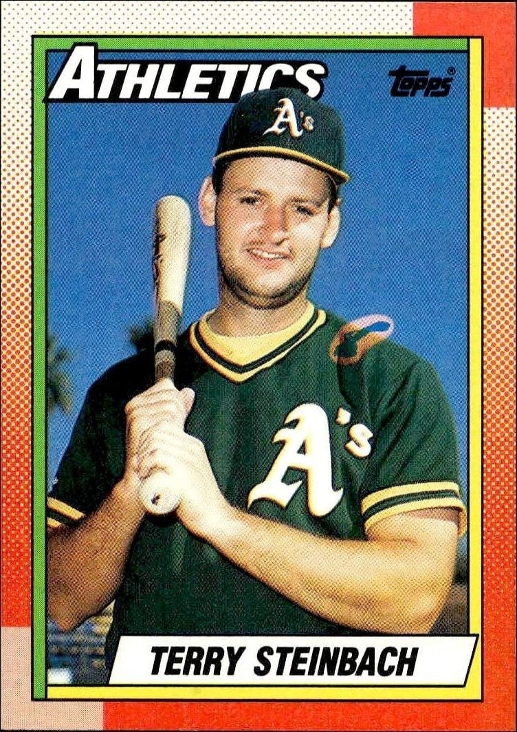 Terry Steinbach 1990 Topps #145 Baseball Trading Card - Front 1990 Topps Terry Steinbach #145 baseball trading card front