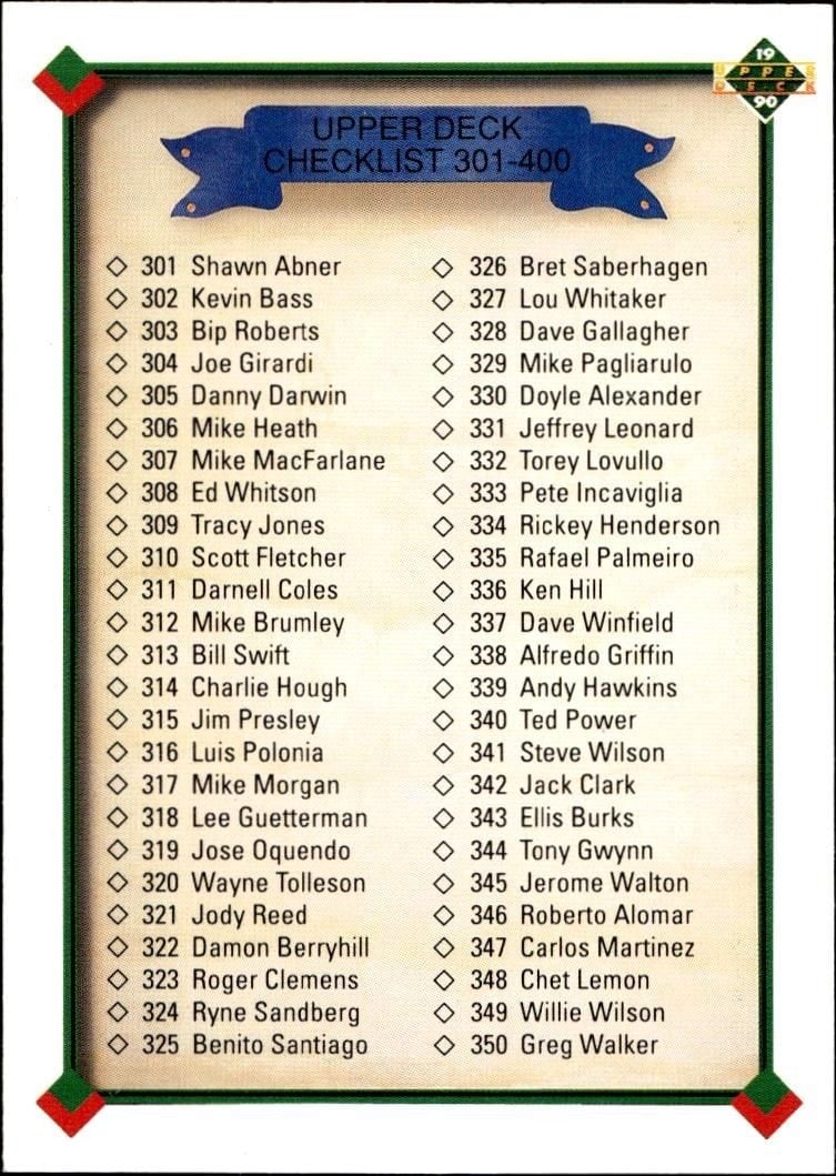 Checklist 1990 Upper Deck Low Number #400 Baseball Trading Card - Front 1990 Upper Deck Low Number Checklist #400 baseball trading card front