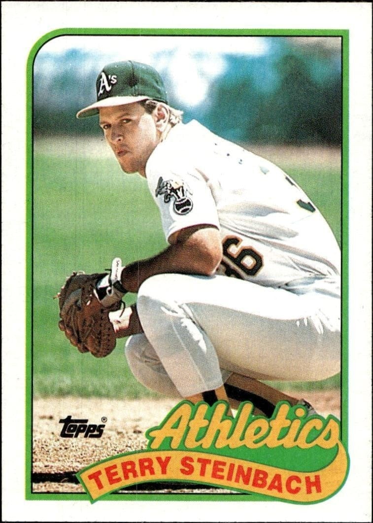 Terry Steinbach 1989 Topps #725 Baseball Trading Card - Front 1989 Topps Terry Steinbach #725 baseball trading card front