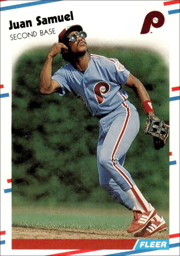 Juan Samuel 1988 Fleer #314 Baseball Trading Card - Front 1988 Fleer Juan Samuel #314 baseball trading card front