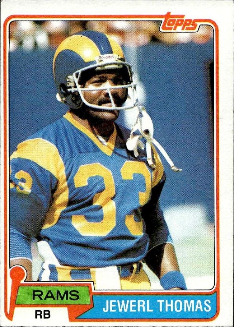 Jewerl Thomas 1981 Topps #98 Football Trading Card - Front 1981 Topps Jewerl Thomas #98 football trading card front