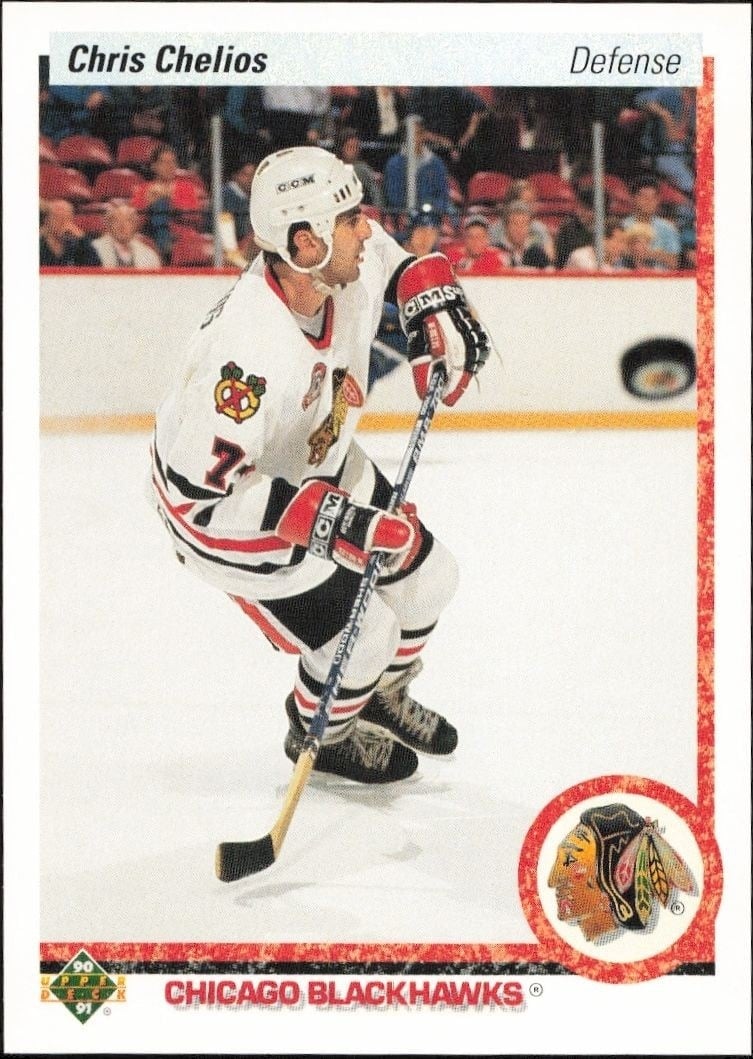 Chris Chelios 1990-91 Upper Deck #422 Hockey Trading Card - Front 1990-91 Upper Deck Chris Chelios #422 hockey trading card front