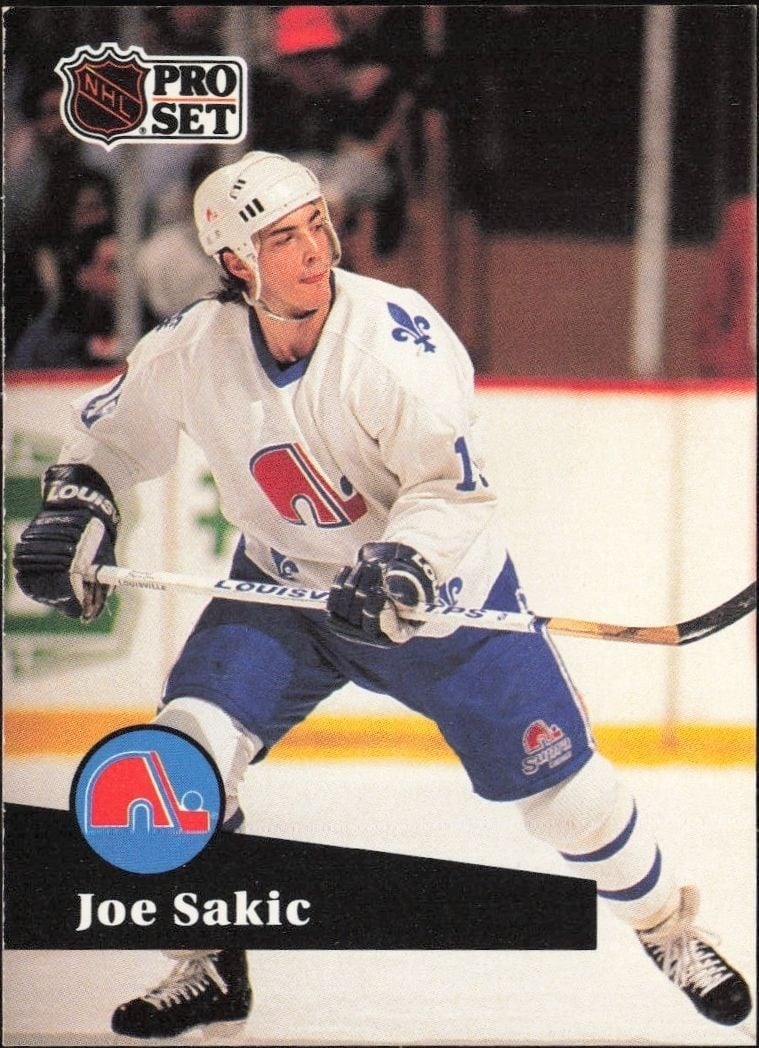 Joe Sakic 1991-92 Pro Set #199 Hockey Trading Card - Front 1991-92 Pro Set Joe Sakic #199 hockey trading card front
