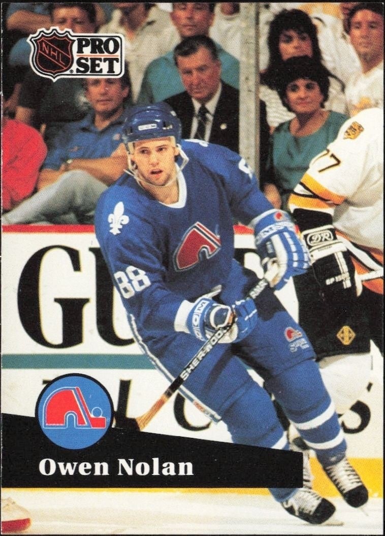 Owen Nolan 1991-92 Pro Set #196 Hockey Trading Card - Front 1991-92 Pro Set Owen Nolan #196 hockey trading card front