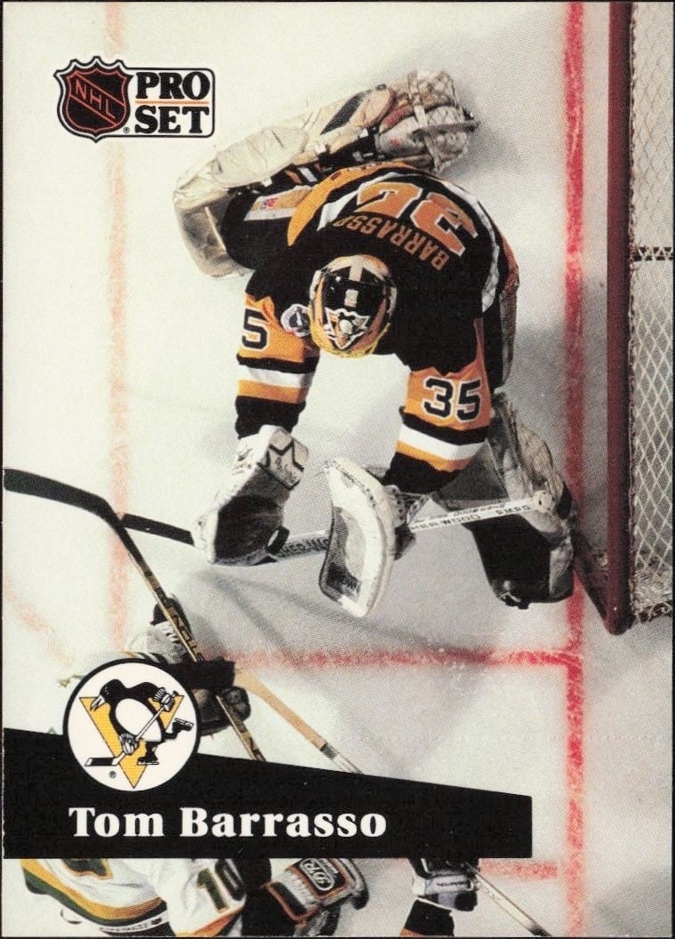 Tom Barrasso 1991-92 Pro Set #186 Hockey Trading Card - Front 1991-92 Pro Set Tom Barrasso #186 hockey trading card front