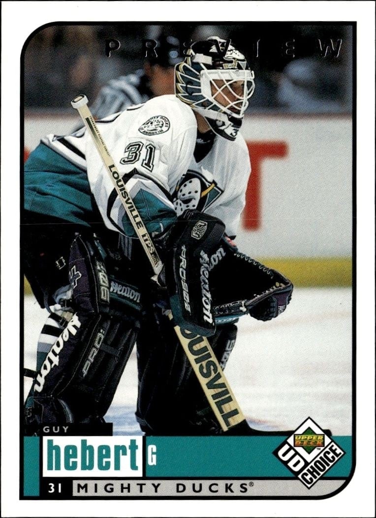 Guy Hebert 1998-99 Upper Deck Choice #1 Hockey Trading Card - Front 1998-99 Upper Deck Choice Guy Hebert #1 hockey trading card front