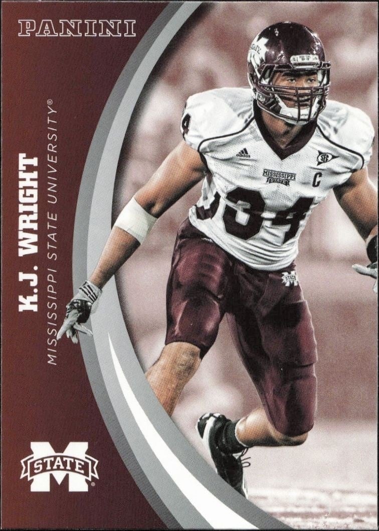 K.J. Wright 2016 Panini Mississippi State #22 Football Trading Card - Front 2016 Panini Mississippi State K.J. Wright #22 football trading card front