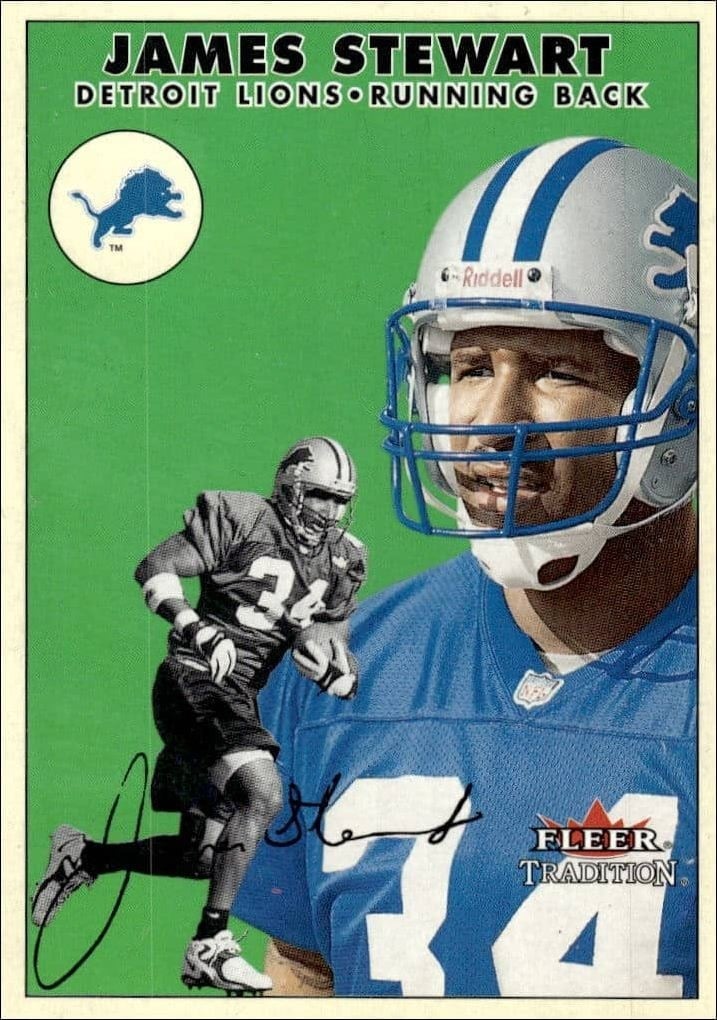 James Stewart 2000 Fleer Tradition Glossy #267 Football Trading Card - Front 2000 Fleer Tradition Glossy James Stewart #267 football trading card front