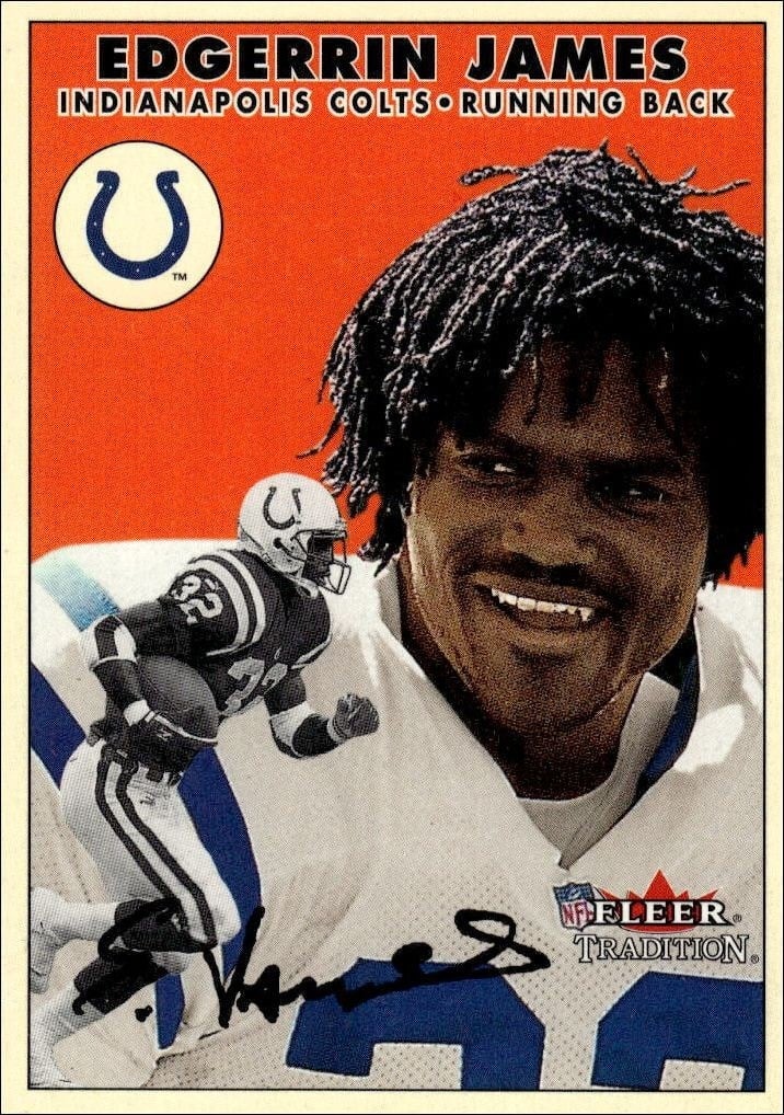 Edgerrin James 2000 Fleer Tradition Glossy #186 Football Trading Card - Front 2000 Fleer Tradition Glossy Edgerrin James #186 football trading card front