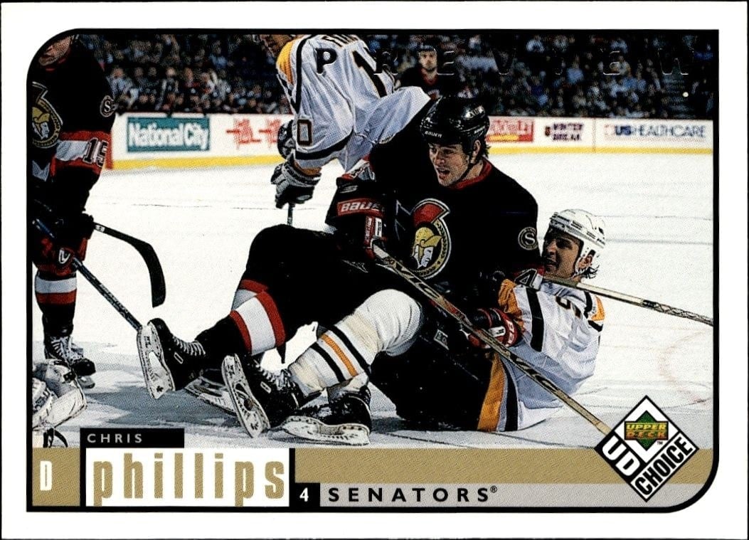 Chris Phillips 1998-99 Upper Deck Choice Preview #143 Hockey Trading Card - Front 1998-99 Upper Deck Choice Preview Chris Phillips #143 hockey trading card front