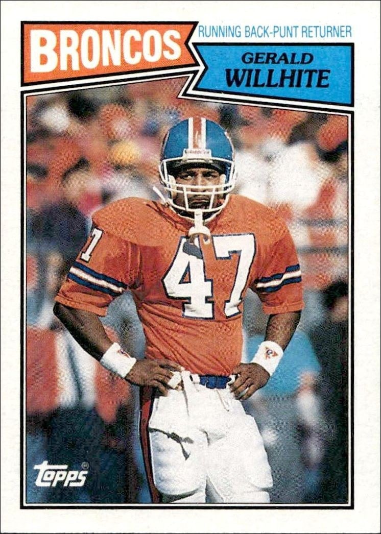 Gerald Willhite 1987 Topps #32 Football Trading Card - Front 1987 Topps Gerald Willhite #32 football trading card front