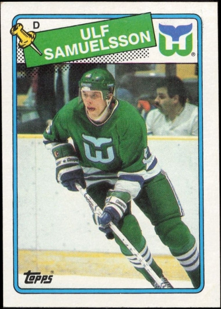 Ulf Samuelsson 1988-89 Topps #136 Hockey Trading Card - Front 1988-89 Topps Ulf Samuelsson #136 hockey trading card front